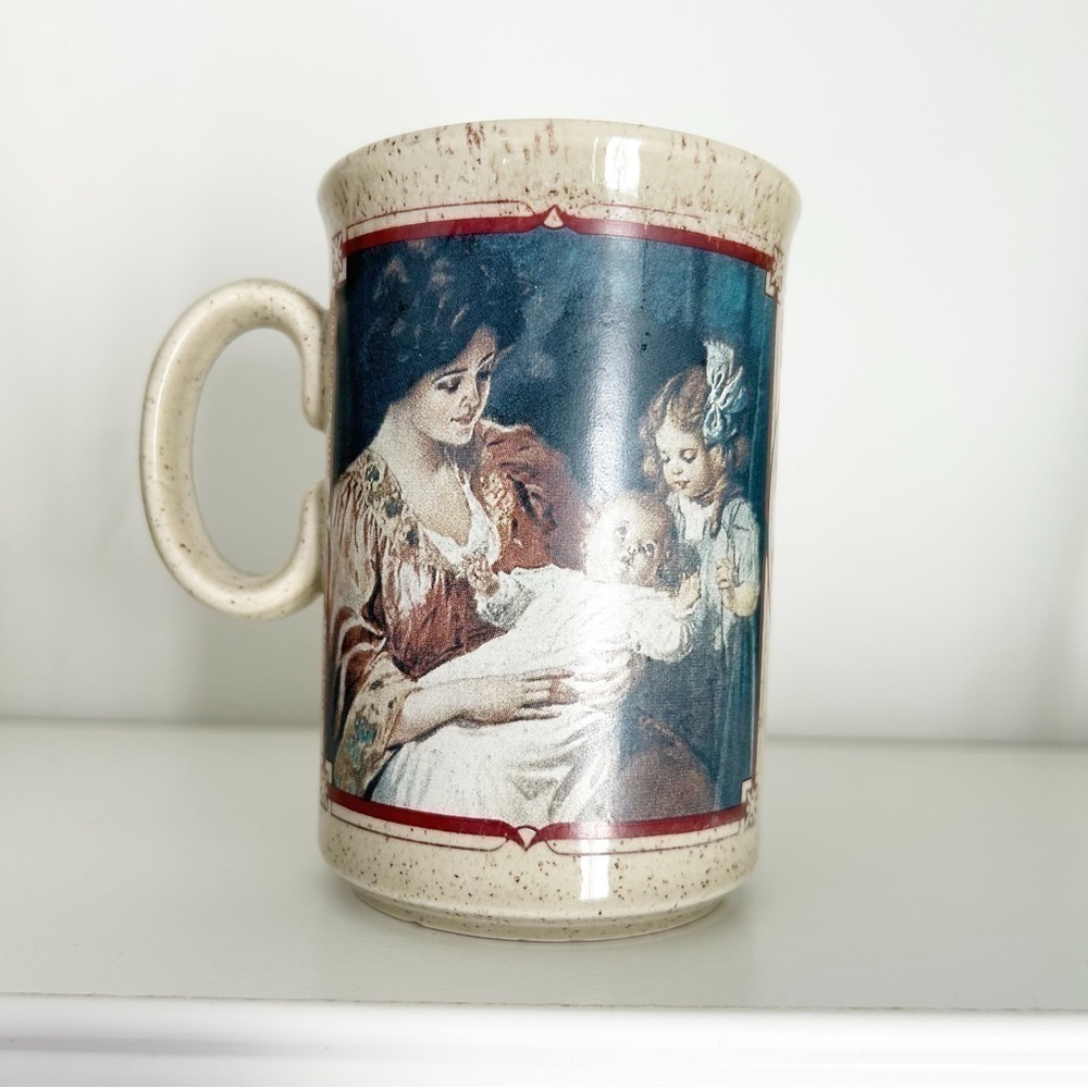 Watkins 1914 Almanac mug Stonewear Vintage mug Cottagcore Mother baby daughter